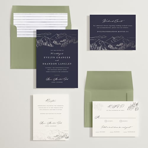 This is a navy foil stamped wedding invitations with foil pressed by Sarah Brown called peaks printing on signature in standard