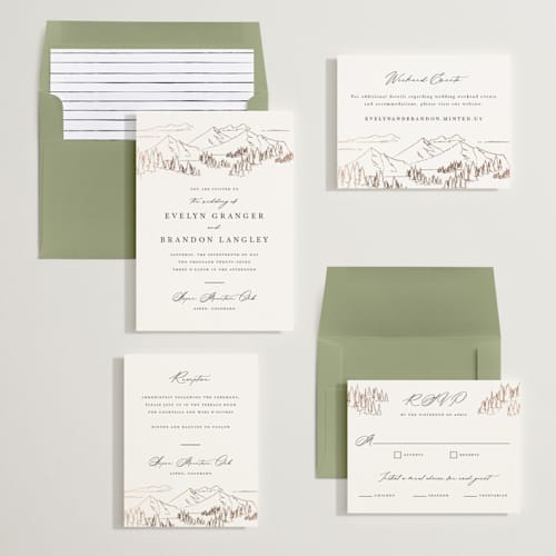 This is a porcelain foil stamped wedding invitations with foil pressed by Sarah Brown called peaks printing on signature in standard