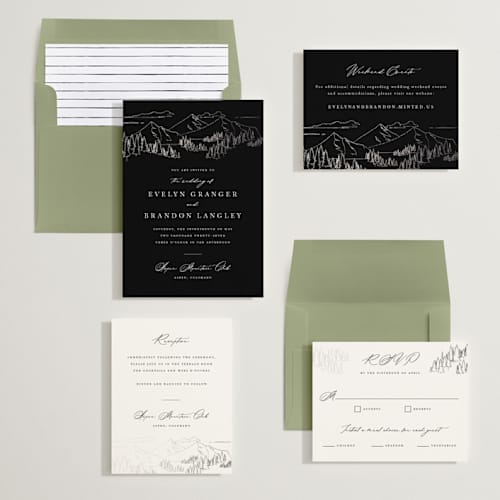 This is a onyx foil stamped wedding invitations with foil pressed by Sarah Brown called peaks printing on signature in standard
