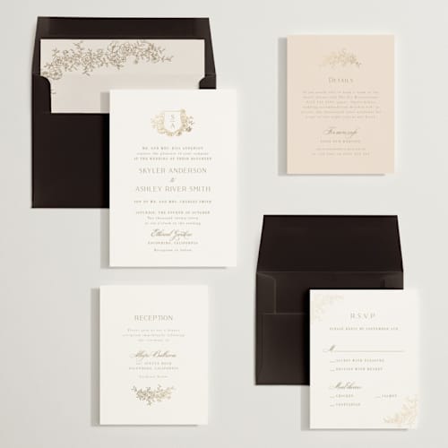 This is a champagne foil stamped wedding invitations with foil pressed by Cass Loh called floral crest printing on signature in standard