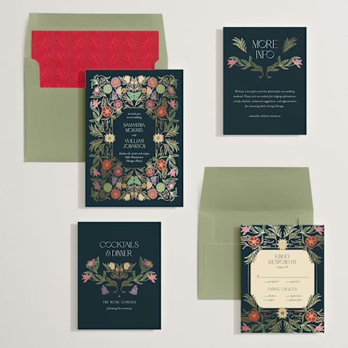 This is a midnight garden foil stamped wedding invitations with foil pressed by Simona Camp called gilded tapestry printing on signature in standard