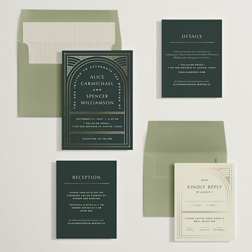 This is a fir foil stamped wedding invitations with foil pressed by Kindred Fields called deco arch printing on signature in standard