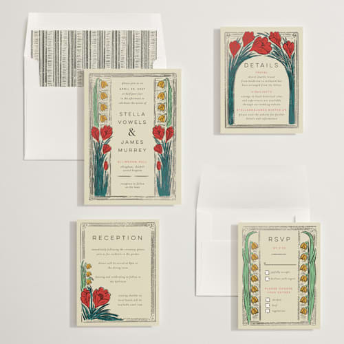 This is a birch foil stamped wedding invitations with foil pressed by Shiny Penny Studio called deco spring florals printing on signature in standard