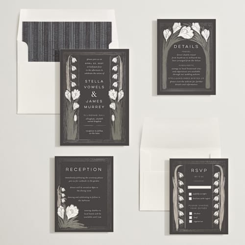 This is a midnight foil stamped wedding invitations with foil pressed by Shiny Penny Studio called deco spring florals printing on signature in standard