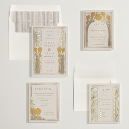 This is a dandelion foil stamped wedding invitations with foil pressed by Shiny Penny Studio called deco spring florals printing on signature in standard