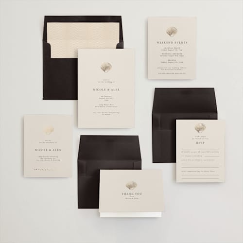 This is a sand foil stamped wedding invitations with foil pressed by Hannah Bowman called simple seashell printing on signature in standard