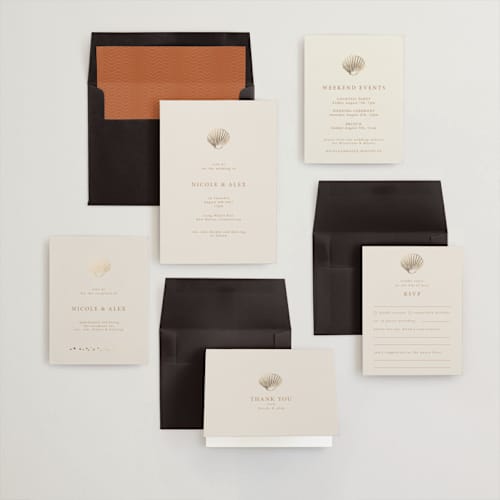 This is a sunset foil stamped wedding invitations with foil pressed by Hannah Bowman called simple seashell printing on signature in standard