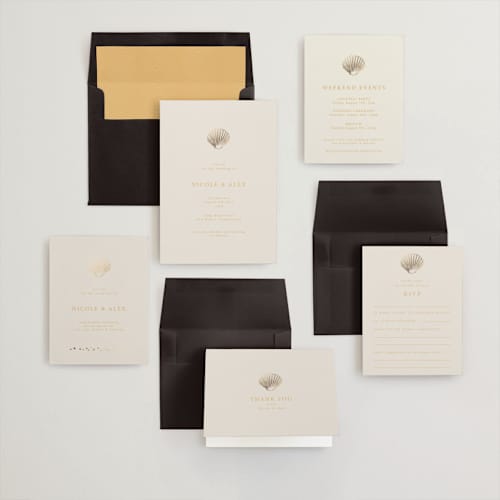 This is a sunrise foil stamped wedding invitations with foil pressed by Hannah Bowman called simple seashell printing on signature in standard