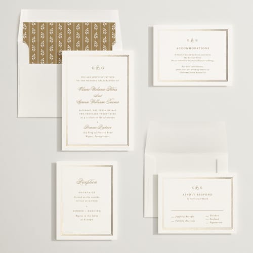 This is a champagne foil stamped wedding invitations with foil pressed by Carolyn MacLaren called timeless together printing on signature in standard