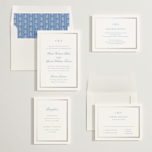 This is a french blue foil stamped wedding invitations with foil pressed by Carolyn MacLaren called timeless together printing on signature in standard
