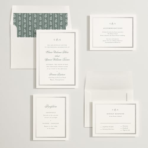 This is a sage foil stamped wedding invitations with foil pressed by Carolyn MacLaren called timeless together printing on signature in standard