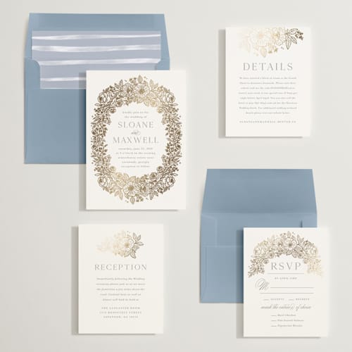 This is a powder blue foil stamped wedding invitations with foil pressed by Kristen Smith called wild roses printing on signature in standard