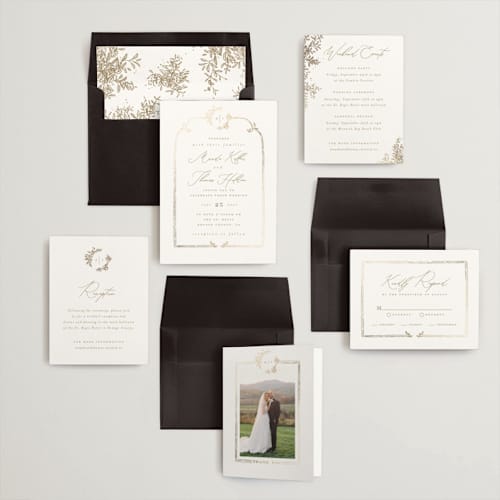 This is a porcelain foil stamped wedding invitations with foil pressed by Leah Bisch called reflection printing on signature in standard