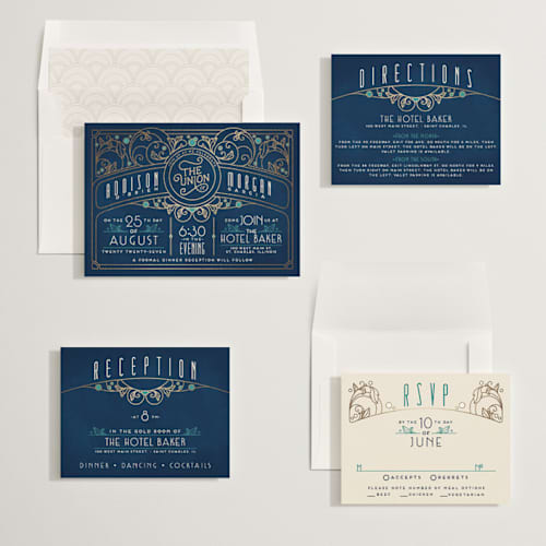 This is a goldenrod foil stamped wedding invitations with foil pressed by GeekInk Design called ornate deco printing on signature in standard