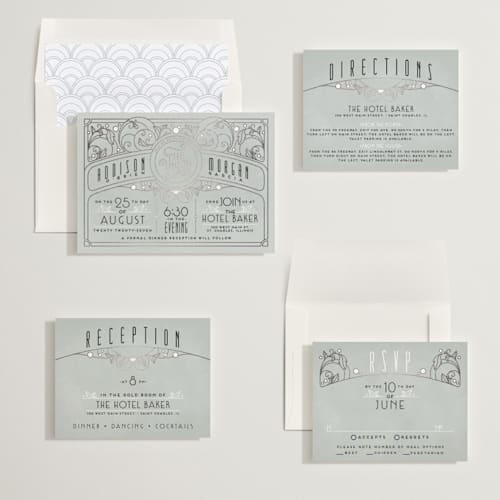 This is a slate foil stamped wedding invitations with foil pressed by GeekInk Design called ornate deco printing on signature in standard