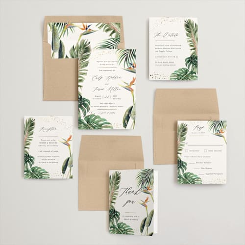This is a tropical foil stamped wedding invitations with foil pressed by Elly called our paradise printing on signature in standard