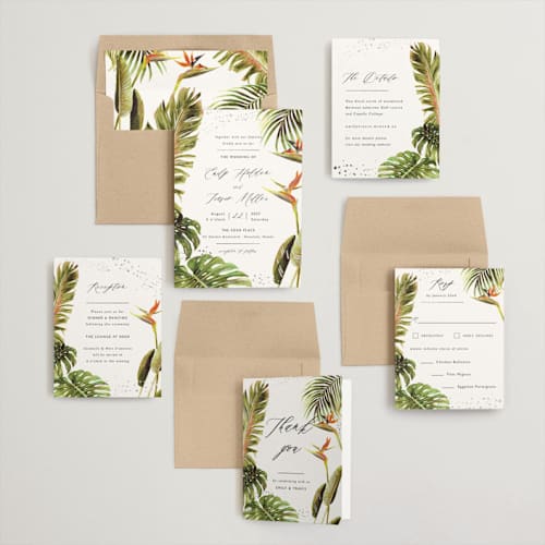 This is a kiwi foil stamped wedding invitations with foil pressed by Elly called our paradise printing on signature in standard