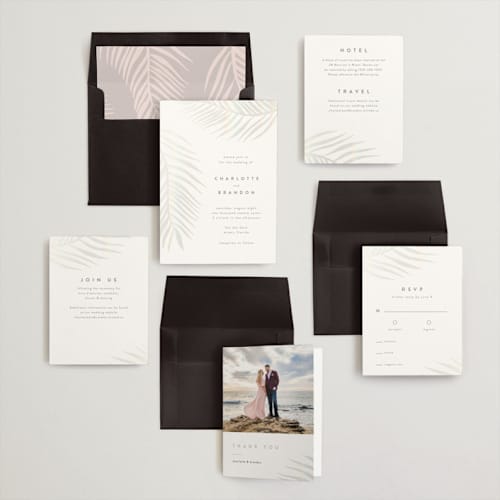 This is a porcelain gloss press wedding invitations with gloss press by Pixel and Hank called palm vibes printing on signature in standard
