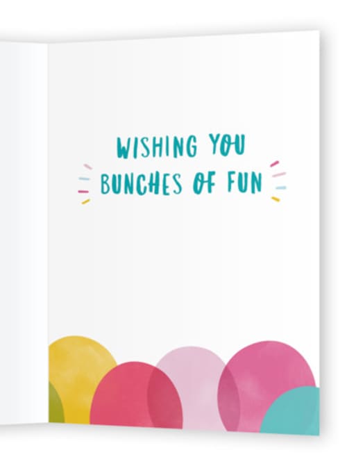 This is a colorful birthday cards for kids with standard by Hooray Creative called bunches of fun printing on signature in greeting cards
