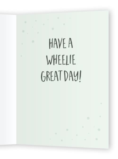 This is a aqua birthday cards for kids with standard by Amy Payne called wheelie great printing on signature in greeting cards