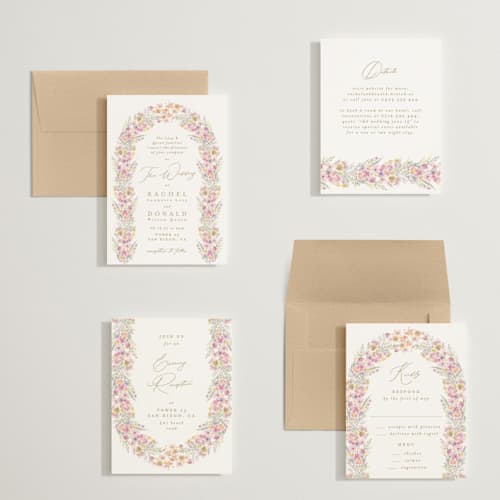 This is a spring petite wedding invitations with standard by Phrosné Barwood called floral arch printing on signature in petite
