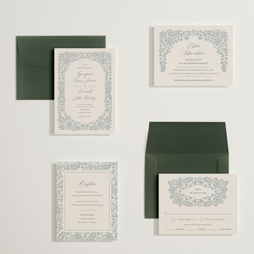This is a dusty blue petite wedding invitations with standard by Jen Owens called embroidered printing on signature in petite