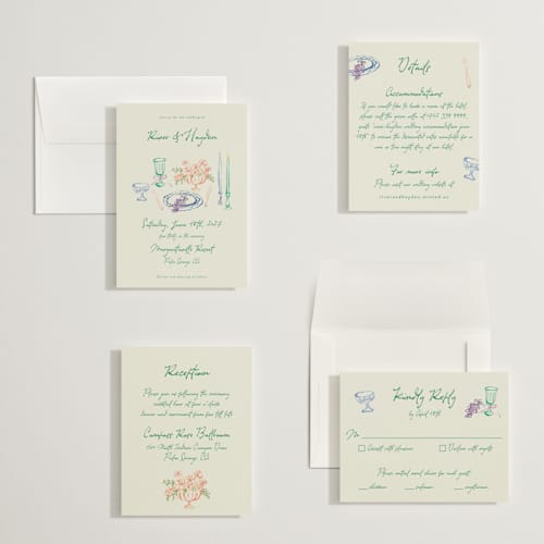 This is a garden petite wedding invitations with standard by Cass Loh called tablescape drawing printing on signature in petite