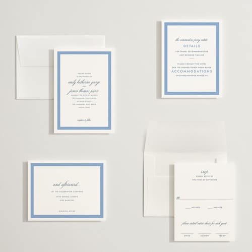 This is a blue bell petite wedding invitations with standard by Megan Davis called montauk printing on signature in petite