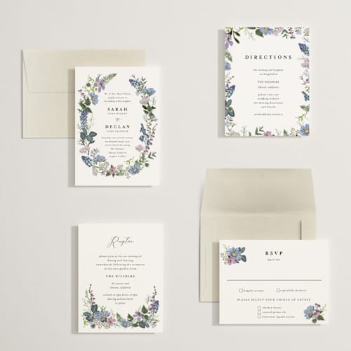 This is a lavender petite wedding invitations with standard by Susan Moyal called lilac bloom printing on signature in petite