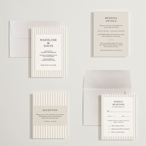 This is a latte petite wedding invitations with standard by First Rodeo Design called classic stripe printing on signature in petite