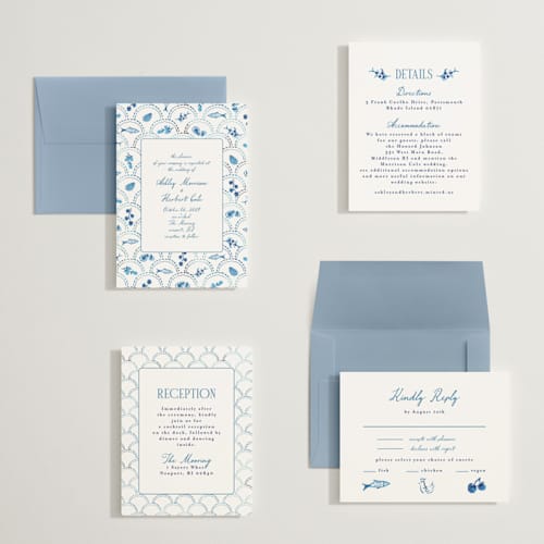 This is a cerulean petite wedding invitations with standard by Tamara Hilje called positano printing on signature in petite