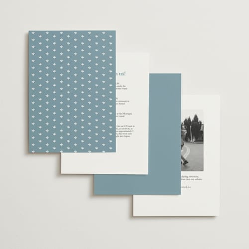 This is a french blue petite wedding invitations with standard by Carolyn MacLaren called fleur corner printing on signature in petite