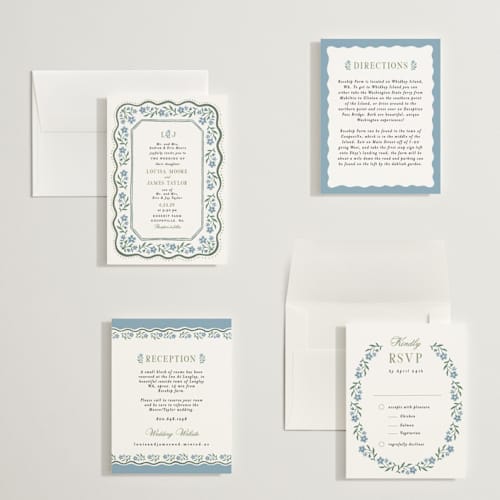 This is a periwinkle petite wedding invitations with standard by Alethea and Ruth called sweet vintage printing on signature in petite
