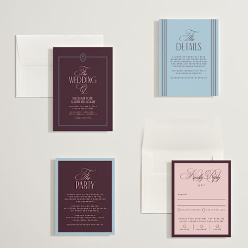 This is a plum petite wedding invitations with standard by Owl and Toad called sophisticate printing on signature in petite
