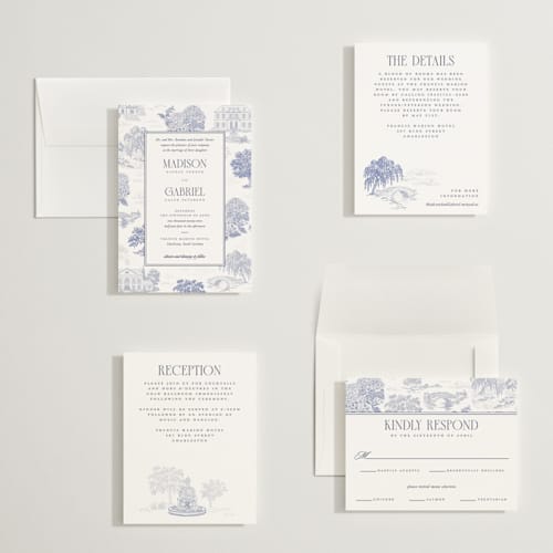 This is a periwinkle petite wedding invitations with standard by Jenna Holcomb called southern charm toile printing on signature in petite