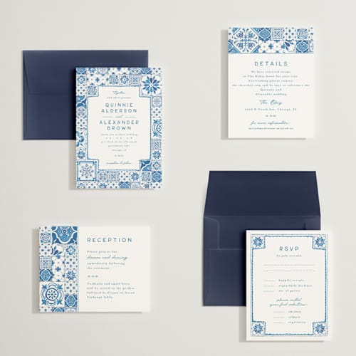 This is a navy petite wedding invitations with standard by Anastasia Makarova called watercolor tile printing on signature in petite