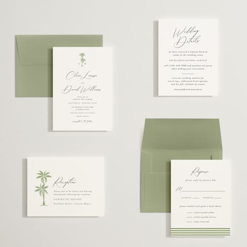 This is a leaf petite wedding invitations with standard by Olivia Raufman called palm monogram printing on signature in petite