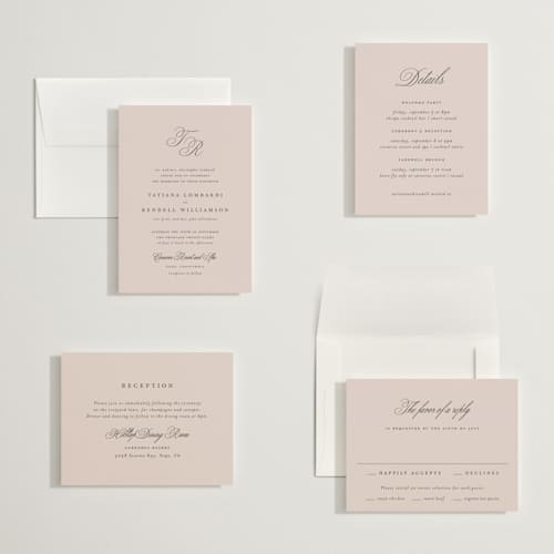 This is a dusty rose petite wedding invitations with standard by Kelly Schmidt called arch monogram printing on signature in petite