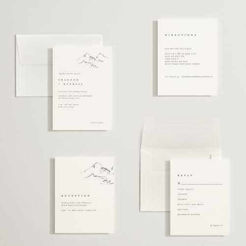 This is a snow petite wedding invitations with standard by Mere Paper called sketched mountains printing on signature in petite