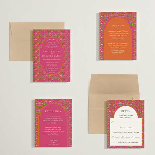 This is a fuchsia petite wedding invitations with standard by Pati Cascino called varna printing on signature in petite