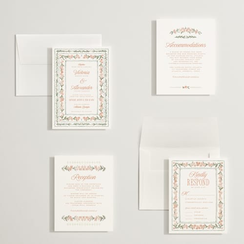 This is a persimmon petite wedding invitations with standard by Jenna Holcomb called vintage sketched printing on signature in petite