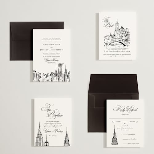 This is a noir petite wedding invitations with standard by Melinda Denison called new york skyline printing on signature in petite