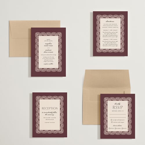 This is a burgundy petite wedding invitations with standard by Erica Krystek called chantilly printing on signature in petite