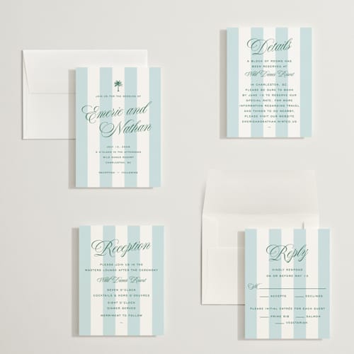 This is a low tide petite wedding invitations with standard by Susan Zinader called palm stripes printing on signature in petite