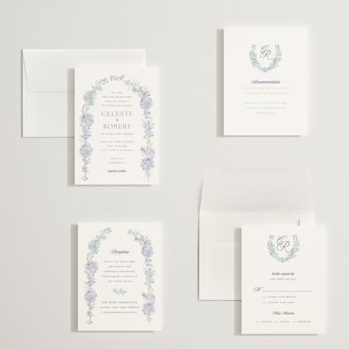 This is a toscana petite wedding invitations with standard by Claudia Orengo called hydrangea printing on signature in petite