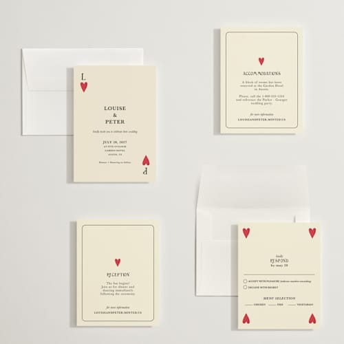 This is a champagne petite wedding invitations with standard by Helena Vitto called red hearts printing on signature in petite