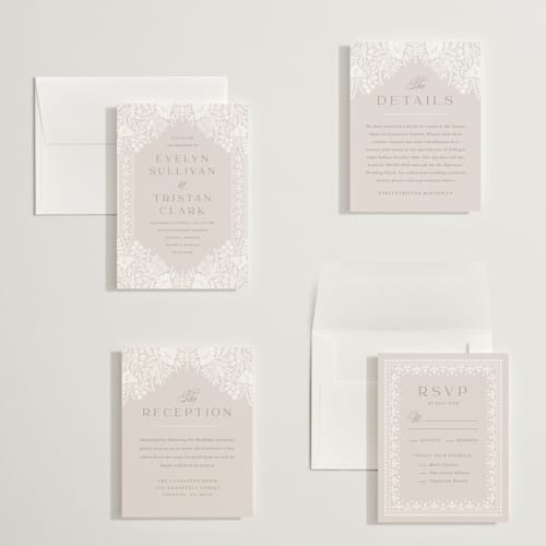 This is a cream petite wedding invitations with standard by Kristen Smith called lace trim printing on signature in petite