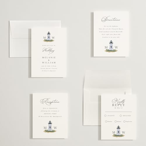 This is a snow petite wedding invitations with standard by Becky Nimoy called east coast lighthouse printing on signature in petite