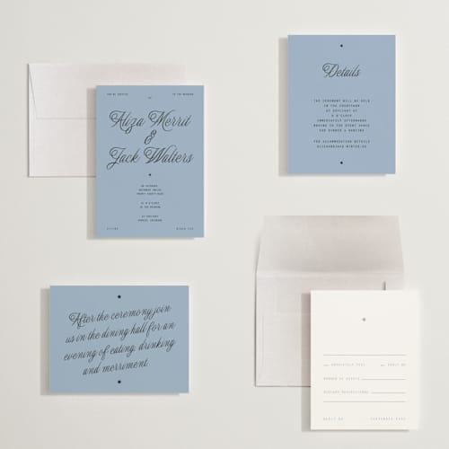 This is a sky petite wedding invitations with standard by Blustery August called cheers printing on signature in petite