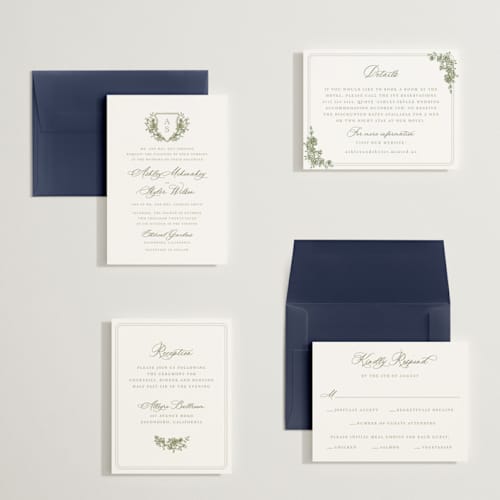 This is a moss petite wedding invitations with standard by Cass Loh called watercolor flowers crest printing on signature in petite